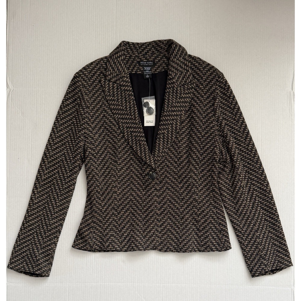 Vintage Y2K New York & Company Blazer L NWT Black Tan Herringbone Fitted